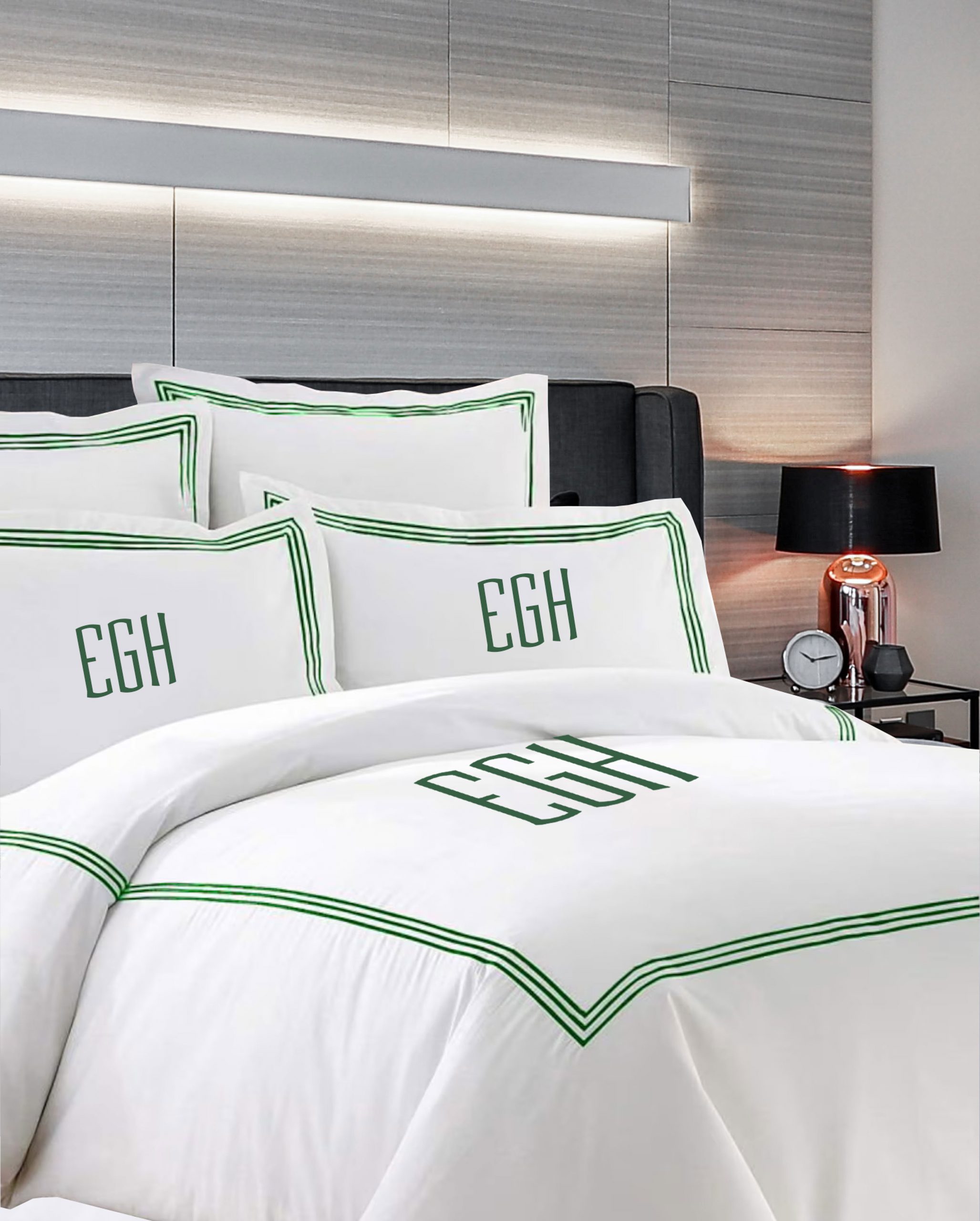 Personalized Monogram 400 Thread Count white 100% Cotton Sateen Hotel Stitch Duvet Cover set in Triple Embroidery Border - Image 2