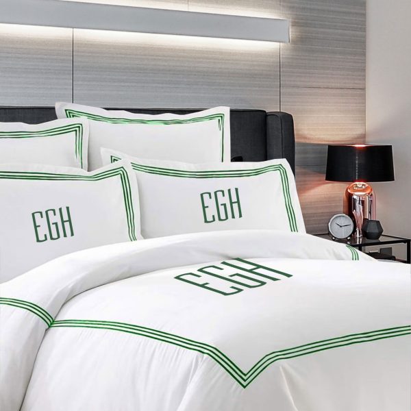 Personalized Monogram 400 Thread Count white 100% Cotton Sateen Hotel Stitch Duvet Cover set in Triple Embroidery Border