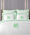 Personalized Monogram 400 Thread Count White 100% Cotton Sateen Hotel Stitch Scalloped & Border Embroidery Duvet Cover Set