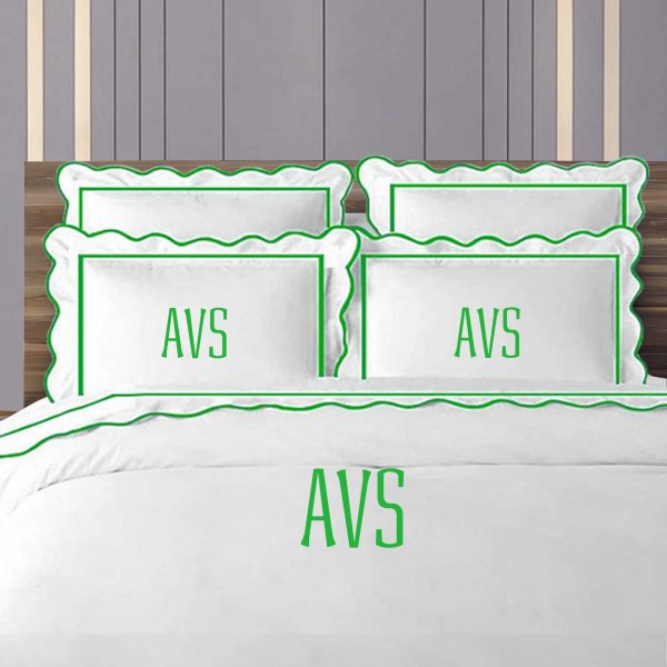 Personalized Monogram 400 Thread Count White 100% Cotton Sateen Hotel Stitch Scalloped & Border Embroidery Duvet Cover Set