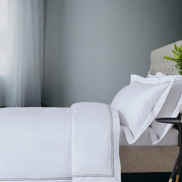 400 Thread Count White 100% Cotton Sateen Hotel Stitch Edge Double Border Embroidery Duvet Cover set