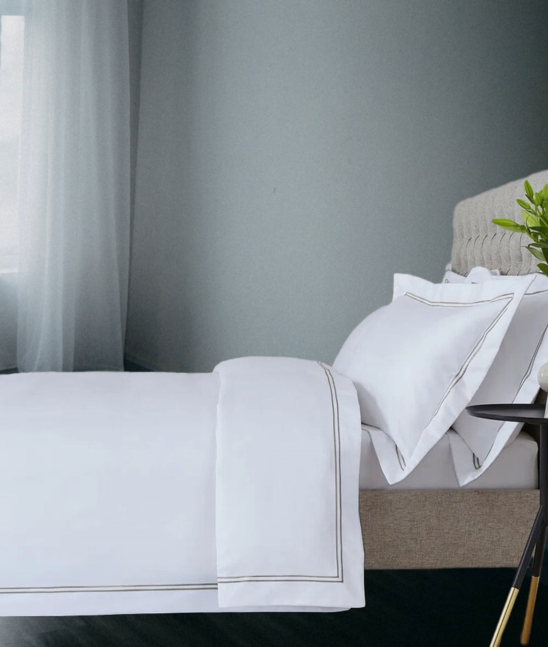 400 Thread Count White 100% Cotton Sateen Hotel Stitch Edge Double Border Embroidery Duvet Cover set