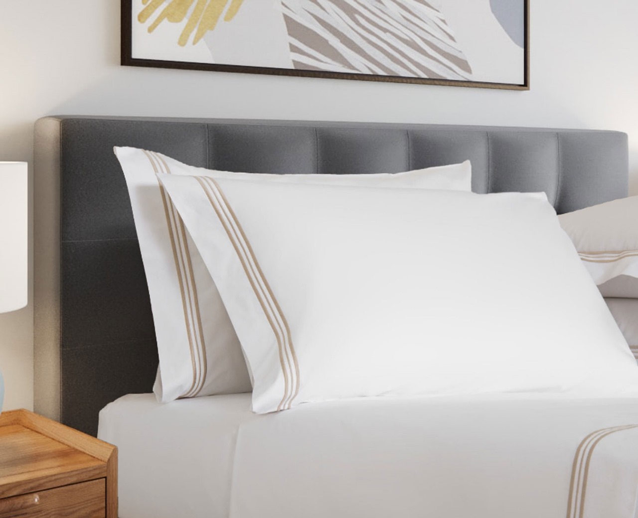 400 Thread Count White Cotton Sateen Hotel Stitch Sheet Set in 3 line Embroidery Border - Image 3