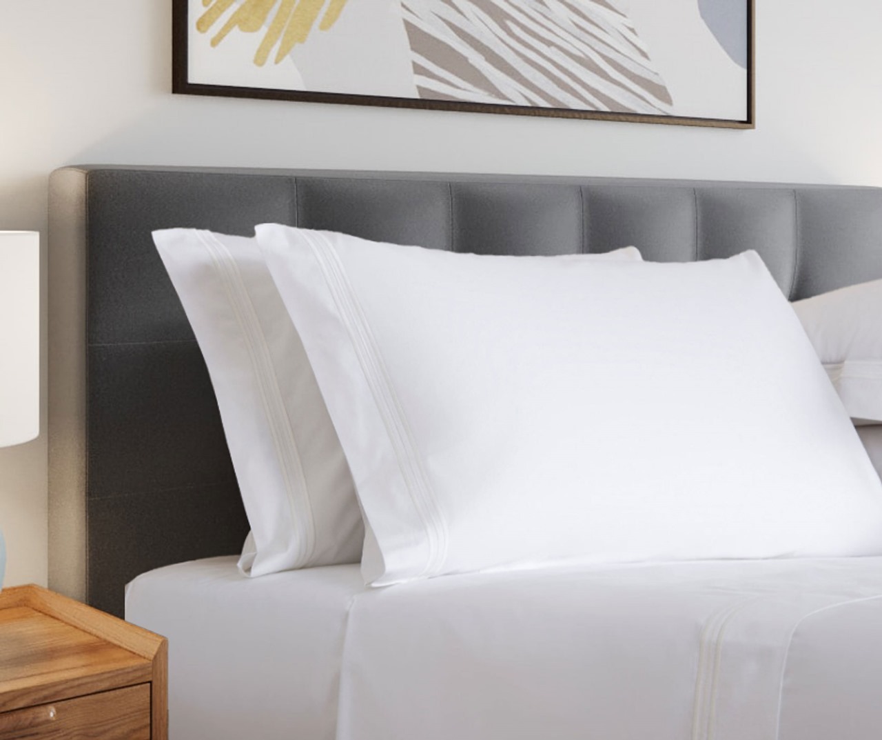 400 Thread Count White Cotton Sateen Hotel Stitch Sheet Set in 3 line Embroidery Border - Image 2
