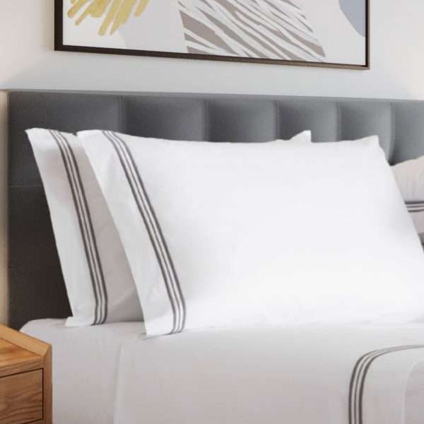 400 Thread Count White Cotton Sateen Hotel Stitch Sheet Set in 3 line Embroidery Border