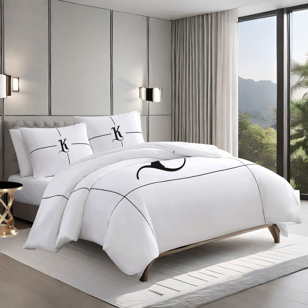 Personalized Monogram 400 Thread Count White 100% Cotton Sateen Hotel Stitch Embroidery Border Duvet Cover set - Image 3