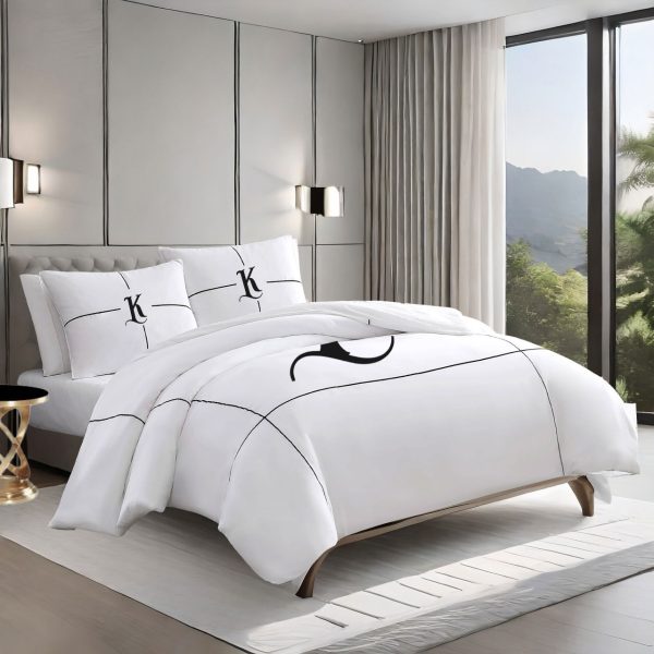 Personalized Monogram 400 Thread Count White 100% Cotton Sateen Hotel Stitch Embroidery Border Duvet Cover set
