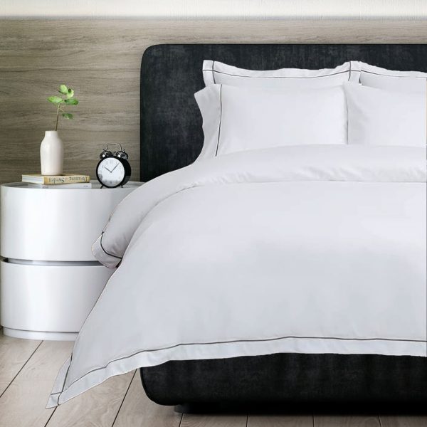 400 Thread Count White 100% Cotton Sateen Hotel Stitch Embroidery Border Duvet Cover set