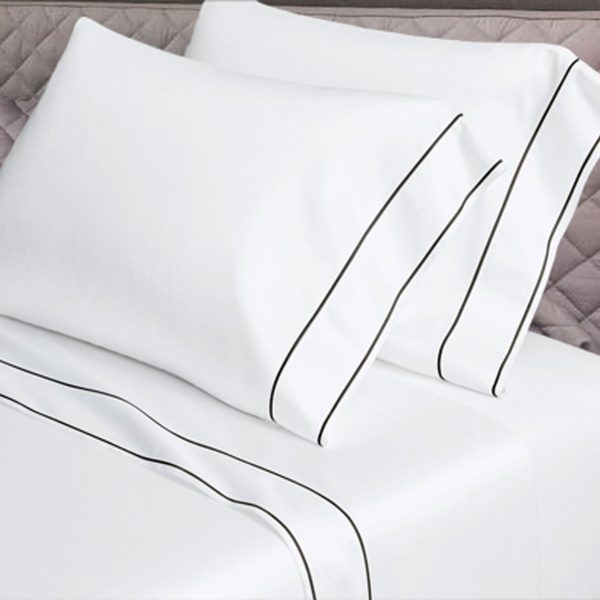 400 Thread Count White Cotton Sateen Hotel Stitch Edge and Border Embroidery 4 Piece Sheet Set