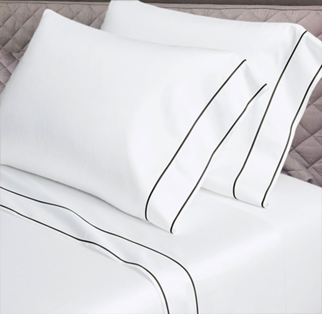 400 Thread Count White Cotton Sateen Hotel Stitch Edge and Border Embroidery 4 Piece Sheet Set