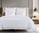 400 Thread Count White 100% Cotton Sateen Edge 3 line embroidery Border Duvet Cover Set
