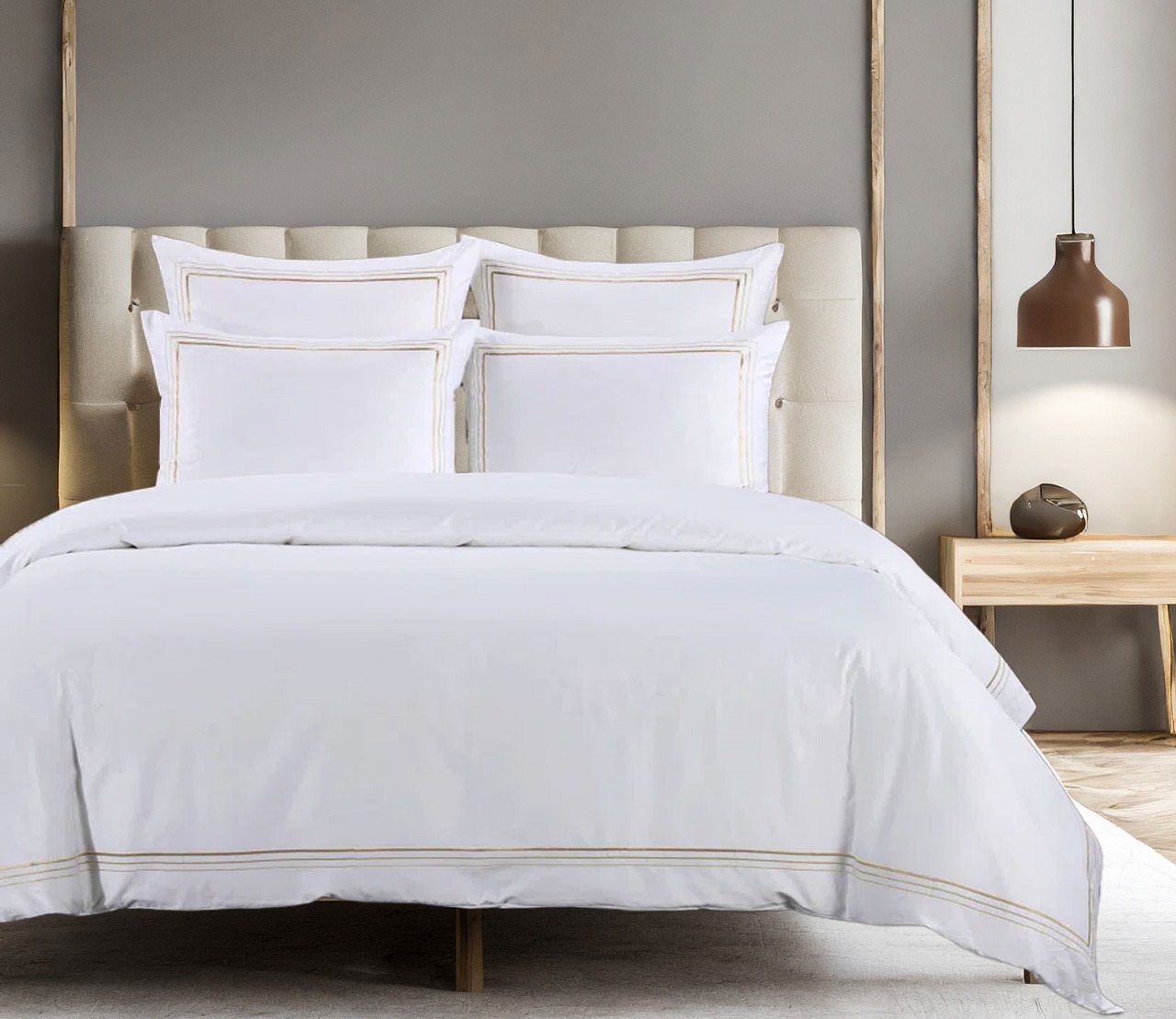 400 Thread Count White 100% Cotton Sateen Edge 3 line embroidery Border Duvet Cover Set - Image 3