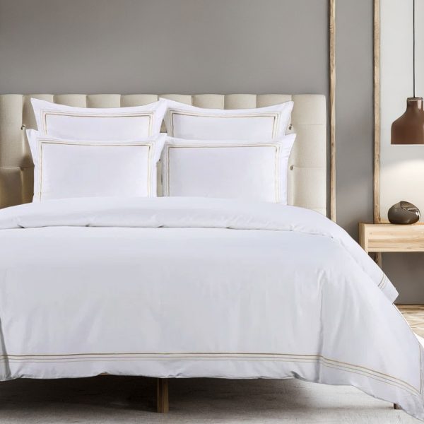 400 Thread Count White 100% Cotton Sateen Edge 3 line embroidery Border Duvet Cover Set