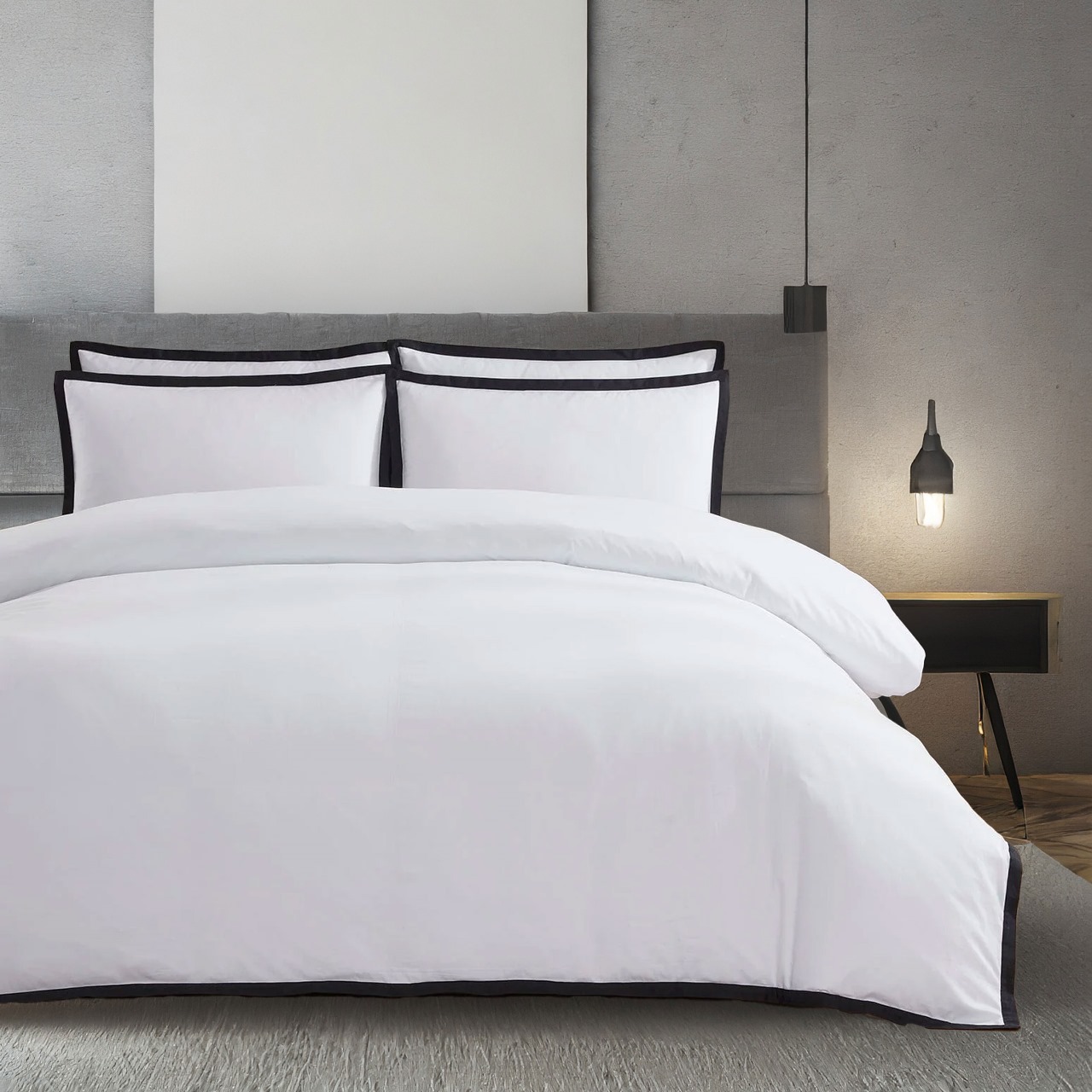 400 Thread Count white 100% Cotton Sateen Hotel Stitch Edge Border Frame Duvet cover set