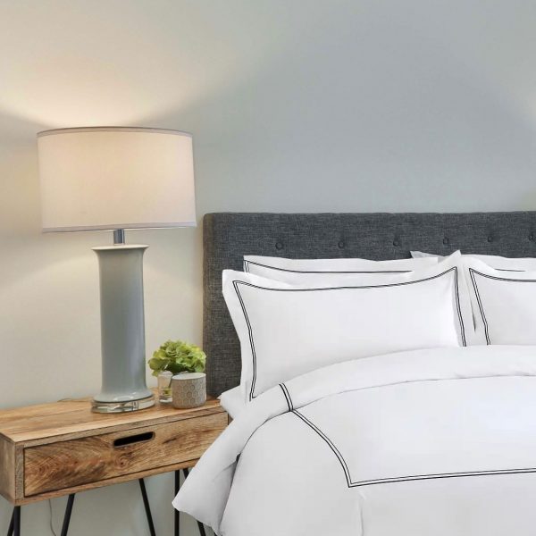 400 Thread Count White 100% Cotton Sateen 2 line embroidery Border Duvet Cover Set