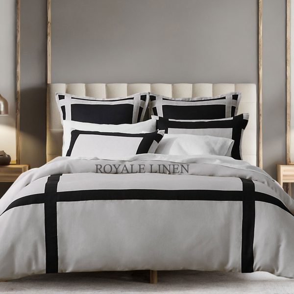 400 Thread Count white Cotton Sateen Hotel Stitch Border Frame duvet cover set