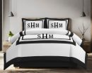 Personalized Monogram 400 Thread Count white Cotton Sateen Hotel Stitch Border Frame duvet cover set