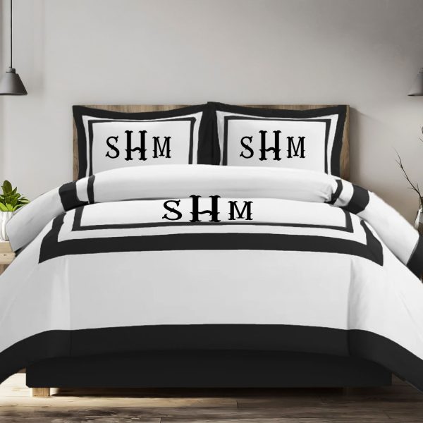 Personalized Monogram 400 Thread Count white Cotton Sateen Hotel Stitch Border Frame duvet cover set