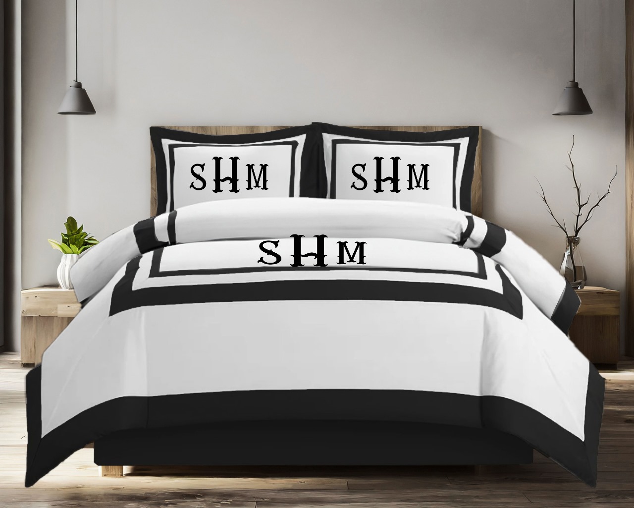 Personalized Monogram 400 Thread Count white Cotton Sateen Hotel Stitch Border Frame duvet cover set