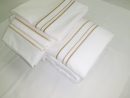 400 Thread Count White Cotton Sateen Hotel Stitch 3 Line Embroidery Border 4 Piece Sheet Set