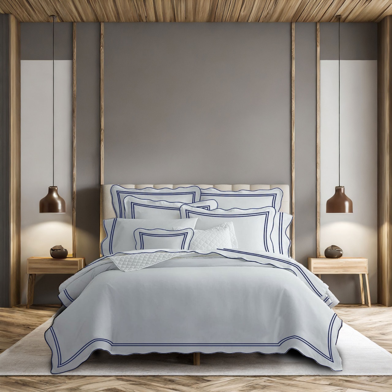 400 Thread Count White 100% Cotton Sateen Hotel Stitch Scalloped and Double Border embroidery Duvet cover Set - Image 3