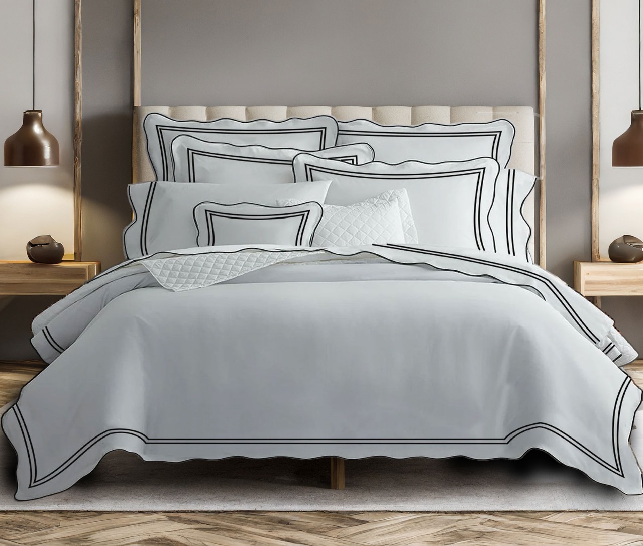 400 Thread Count White 100% Cotton Sateen Hotel Stitch Scalloped and Double Border embroidery Duvet cover Set