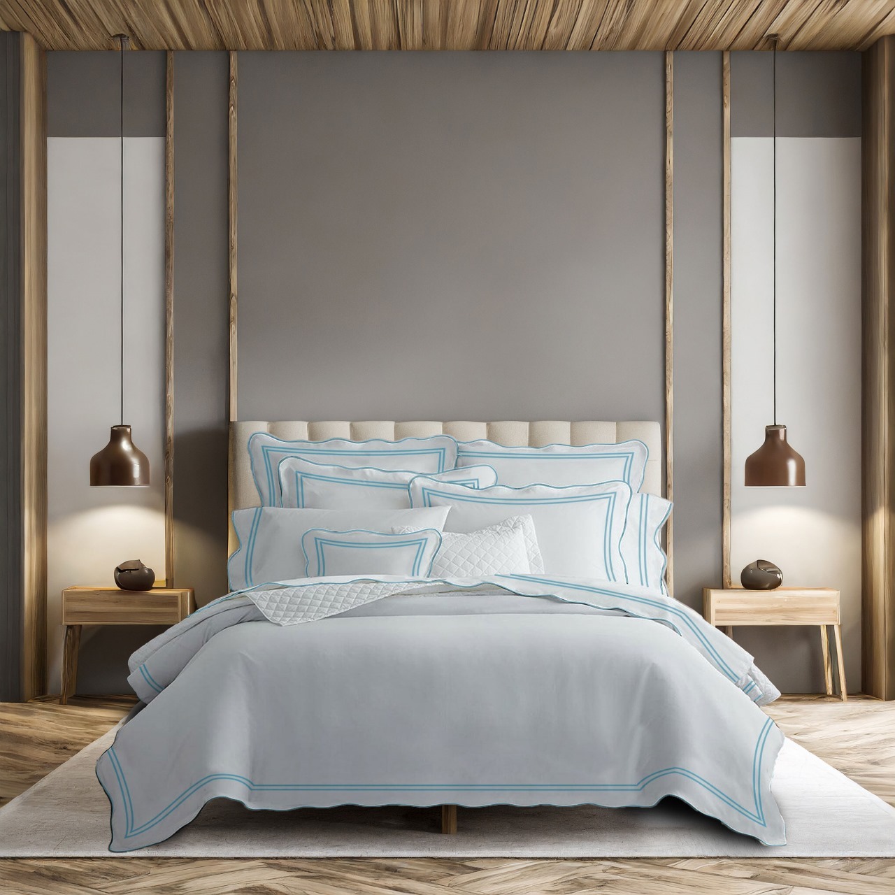 400 Thread Count White 100% Cotton Sateen Hotel Stitch Scalloped and Double Border embroidery Duvet cover Set - Image 6