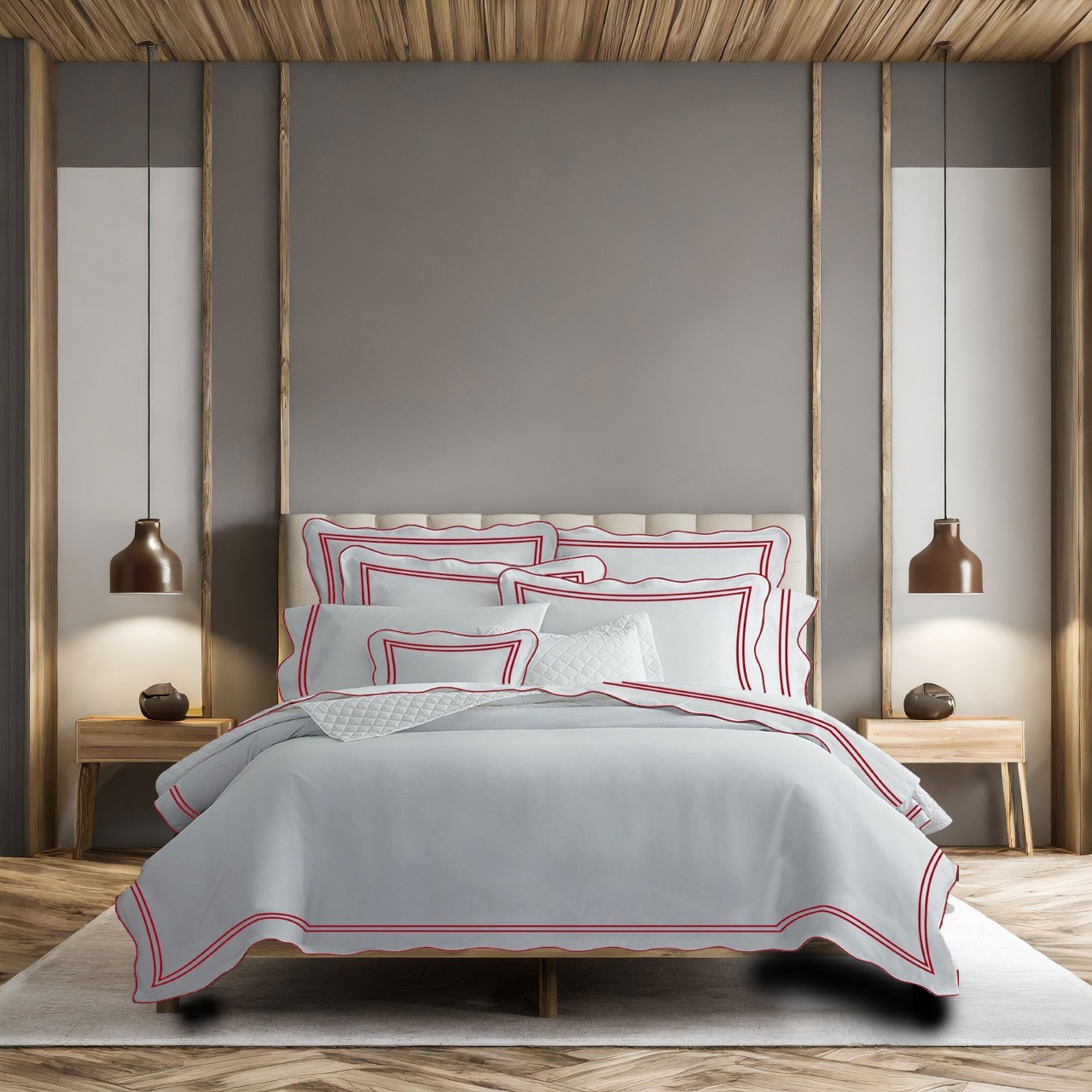 400 Thread Count White 100% Cotton Sateen Hotel Stitch Scalloped and Double Border embroidery Duvet cover Set - Image 4