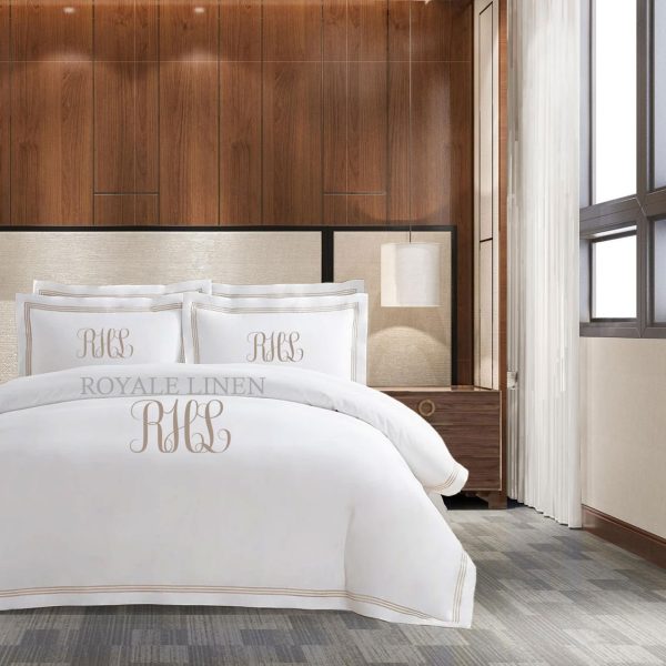 Personalized Monogram 400 Thread Count White 100% Cotton Sateen Hotel Stitch Triple Edge Embroidery Border Duvet Cover set