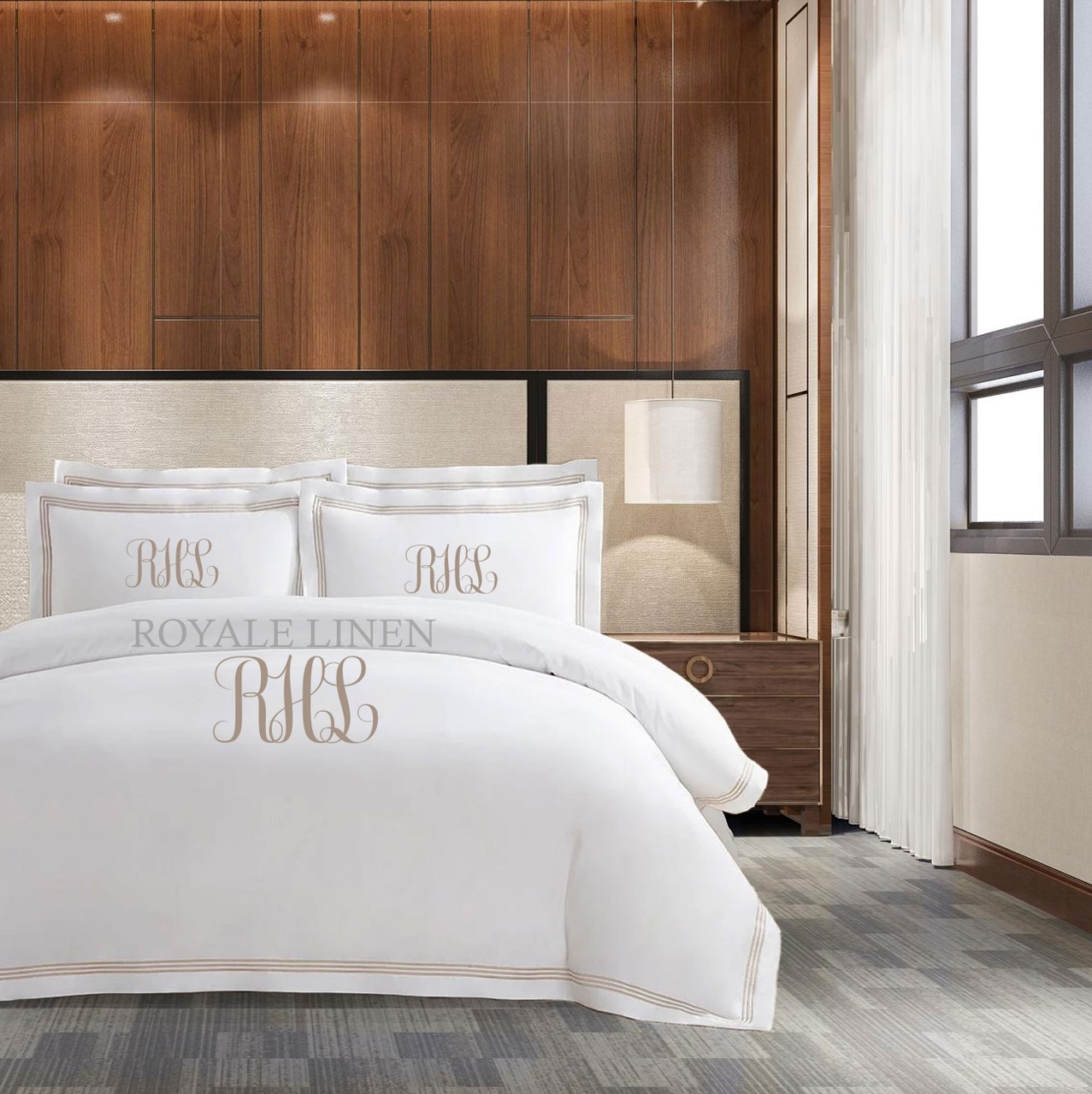 Personalized Monogram 400 Thread Count White 100% Cotton Sateen Hotel Stitch Triple Edge Embroidery Border Duvet Cover set