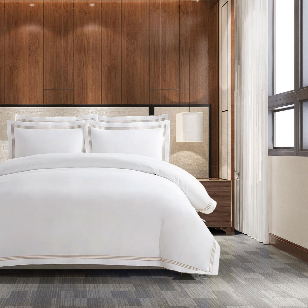 400 Thread Count White 100% Cotton Sateen Hotel Stitch Triple Edge Embroidery Border Duvet Cover set