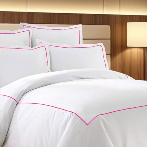 400 Thread Count White Cotton Sateen Hotel Stitch Duvet Cover Set in Single Embroidery Border 1 Duvet Cover and 2 Pillow Sham Cover