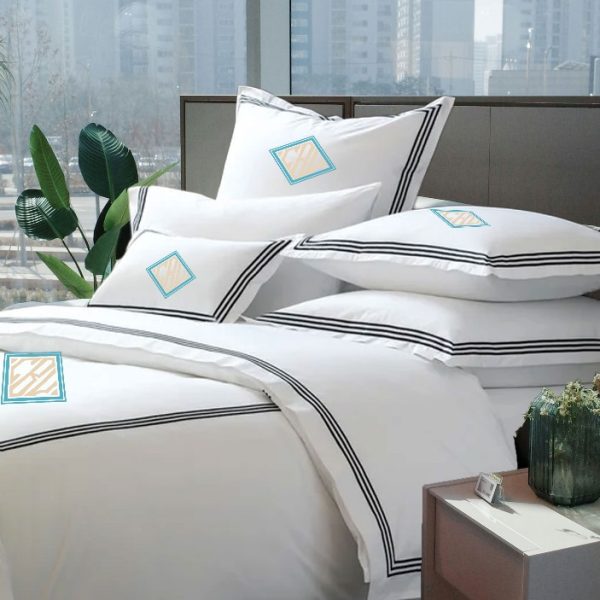 Personalized Monogram 400 Thread Count White 100% Cotton Sateen Hotel Stitch 3 line Embroidery Border Duvet Cover set