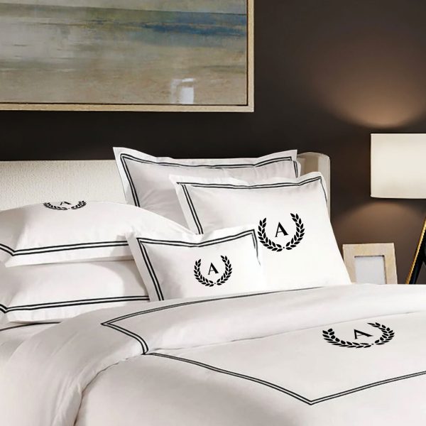 Personalized Monogram 400 Thread Count White 100% Cotton Sateen Hotel Stitch Edge embroidery border Duvet Cover set