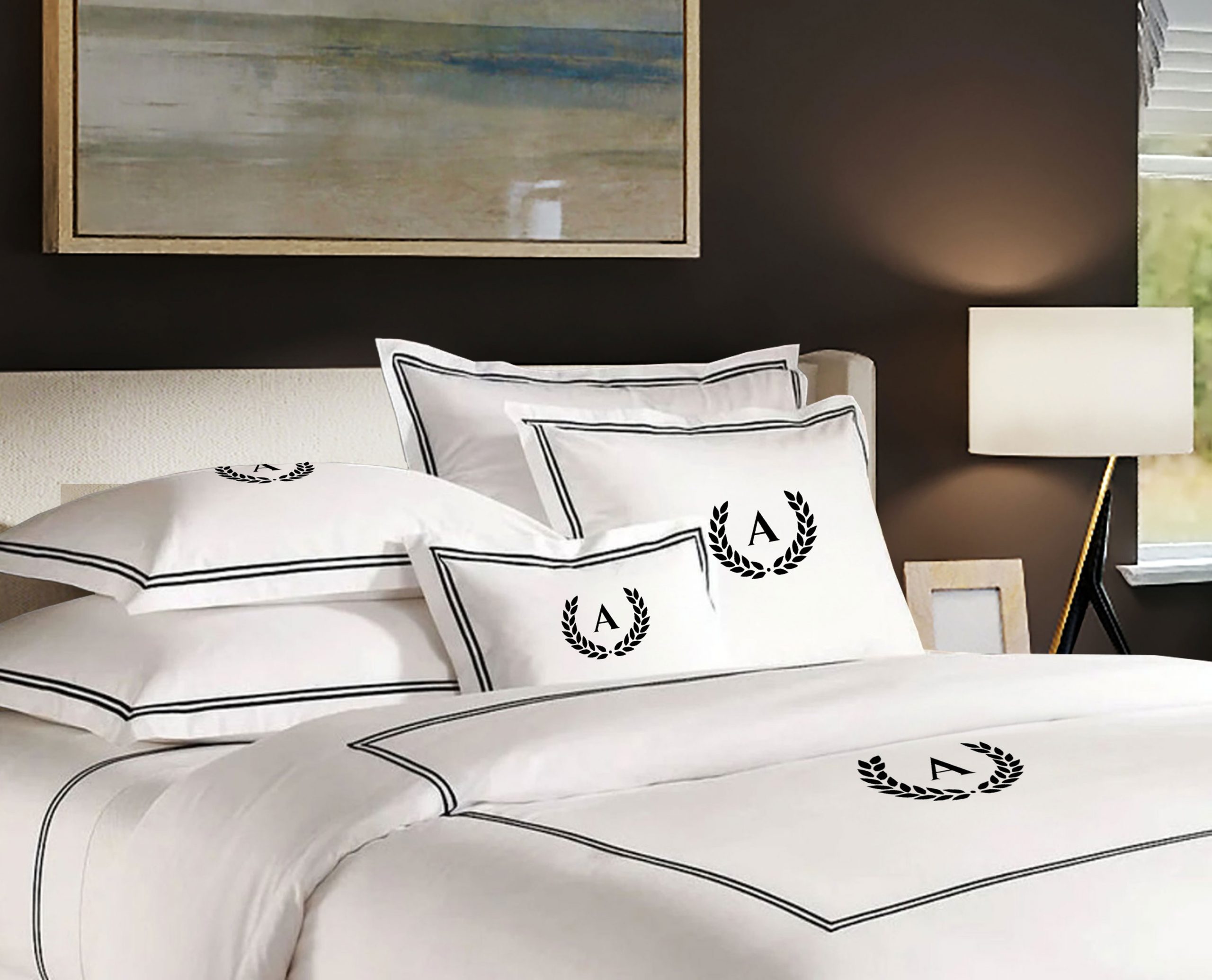 Personalized Monogram 400 Thread Count White 100% Cotton Sateen Hotel Stitch Edge embroidery border Duvet Cover set