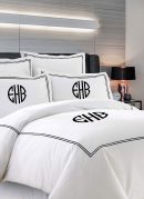 Personalized Monogram 400 Thread Count White Cotton Sateen Hotel Stitch Double Embroidery Border Duvet Cover set