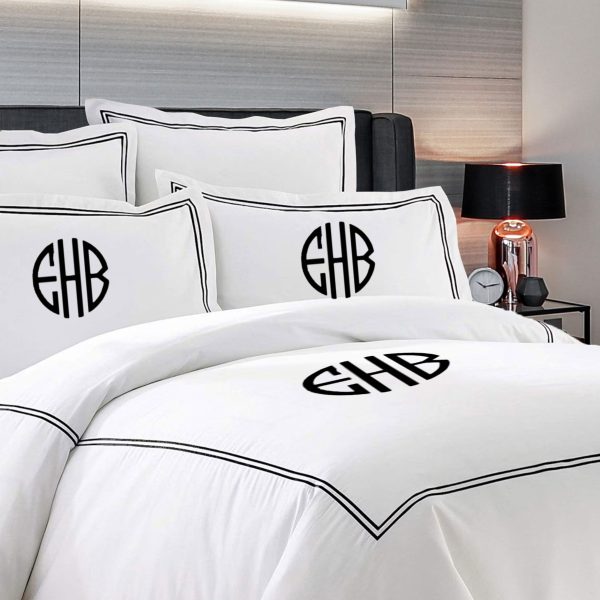 Personalized Monogram 400 Thread Count White Cotton Sateen Hotel Stitch Double Embroidery Border Duvet Cover set