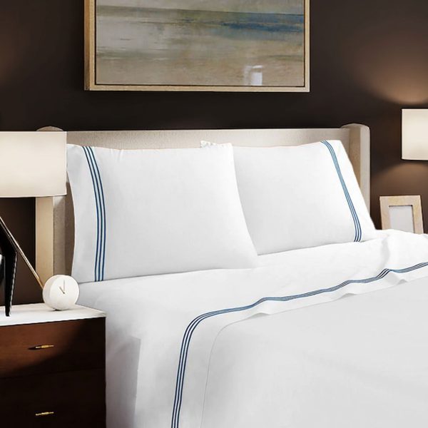 400 Thread Count White Cotton Sateen Hotel Stitch Sheet Set in Triple Embroidery Border