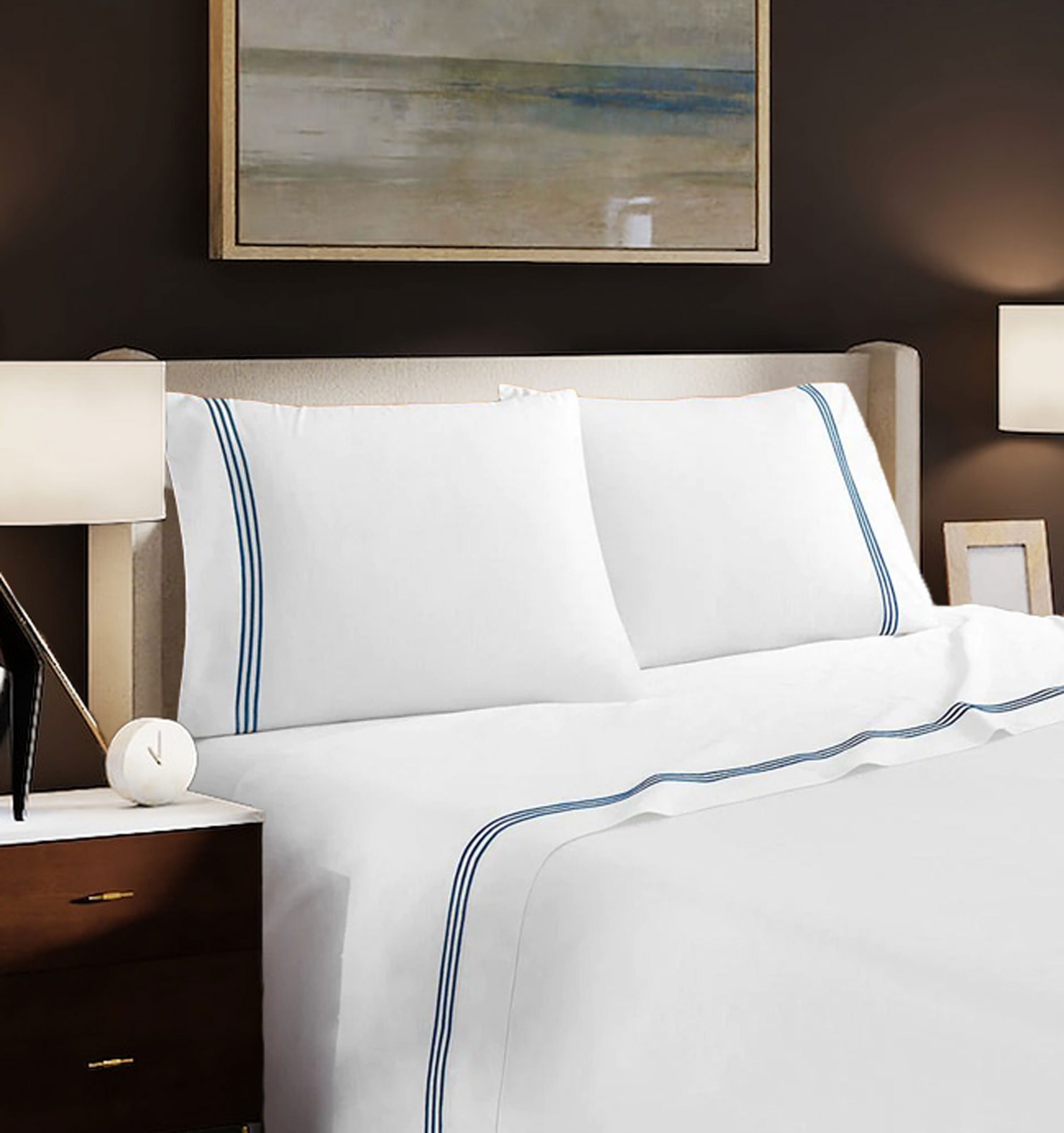 400 Thread Count White Cotton Sateen Hotel Stitch Sheet Set in Triple Embroidery Border