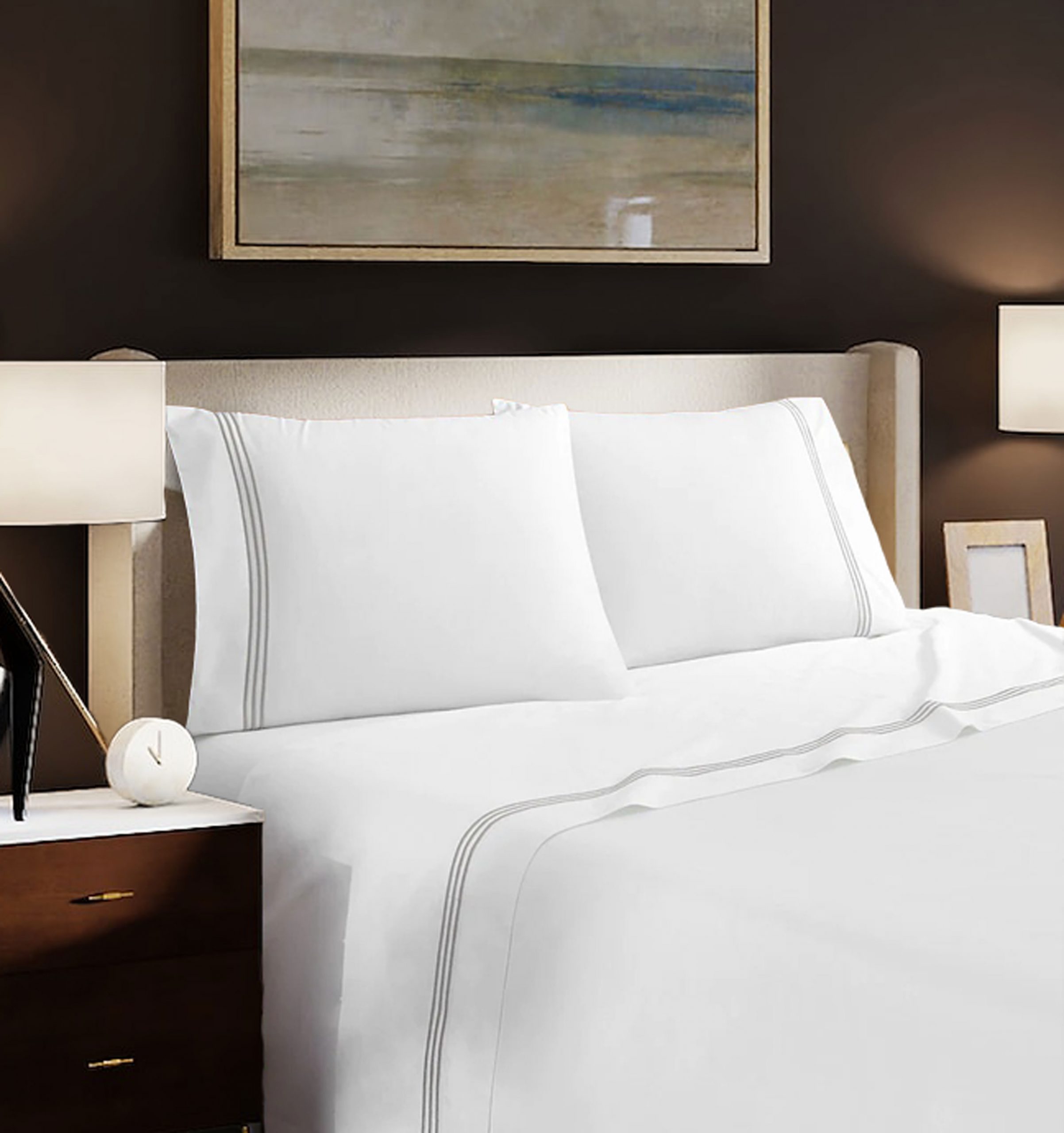 400 Thread Count White Cotton Sateen Hotel Stitch Sheet Set in Triple Embroidery Border - Image 5