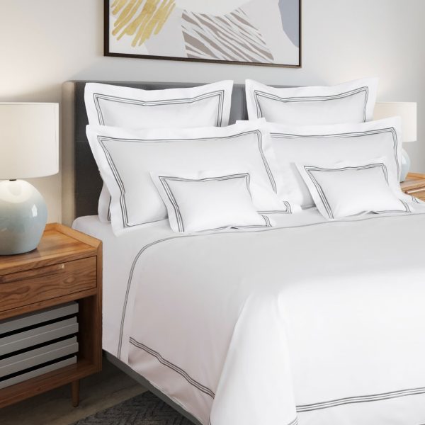 400 Thread Count White 100% Cotton Sateen Hotel Stitch 3 line Edge Embroidery Border Duvet Cover set