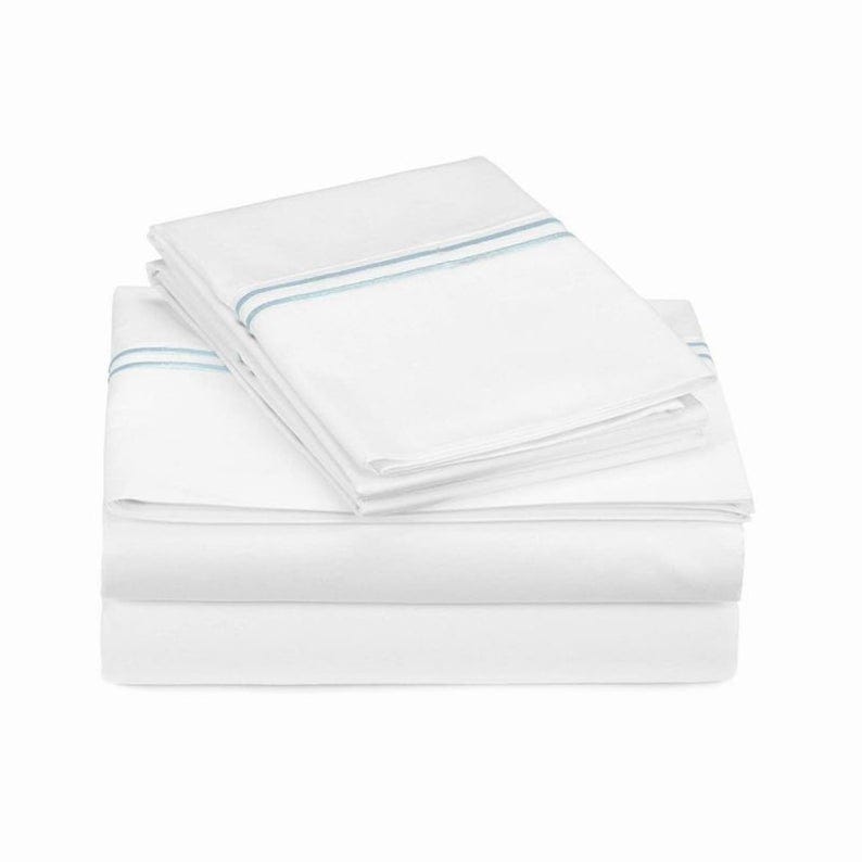 Bed Sheet Set: Double Embroidery Border 400 Thread Count White 100% Cotton Sateen Sheet Set - Image 9