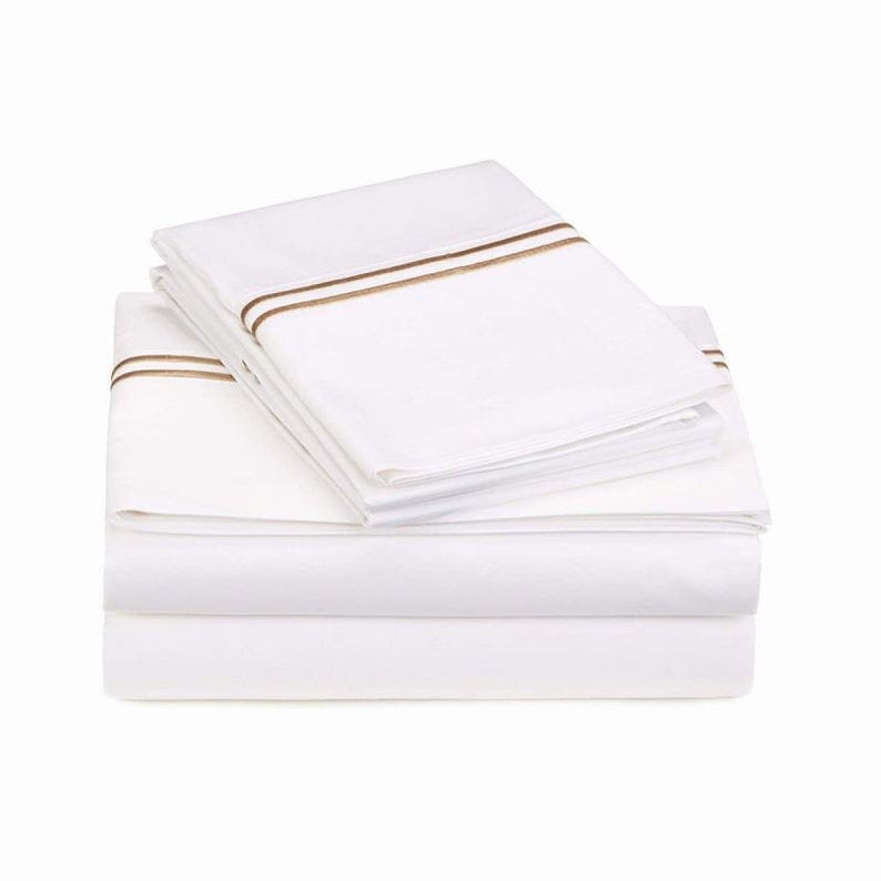 Bed Sheet Set: Double Embroidery Border 400 Thread Count White 100% Cotton Sateen Sheet Set - Image 4