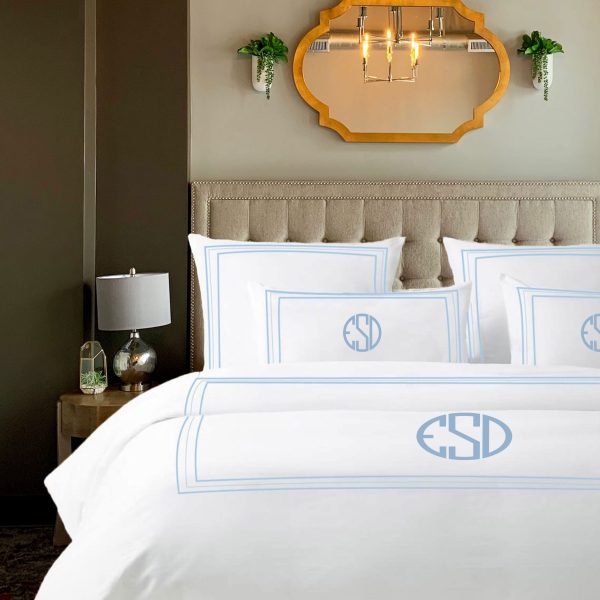 Personalized Monogram 400 Thread Count White 100% cotton sateen 3 line embroidery Border Duvet cover set