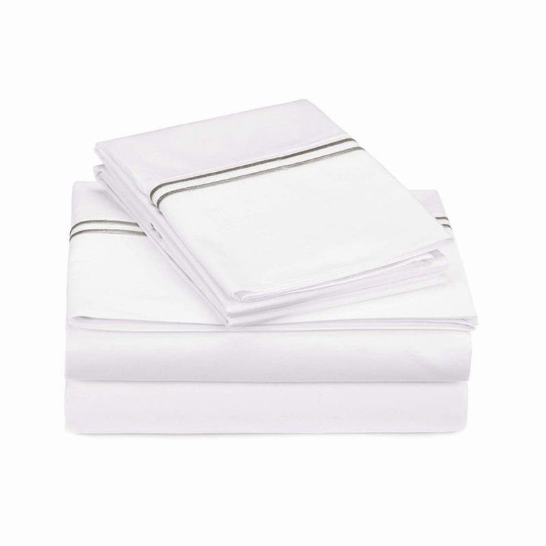 Bed Sheet Set: Double Embroidery Border 400 Thread Count White 100% Cotton Sateen Sheet Set - Image 5