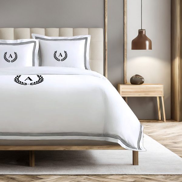 Personalized Monogram 400 Thread Count White 100% Cotton Sateen Hotel Stitch Triple Edge Embroidery Border Duvet Cover set