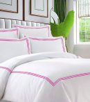 Bed Duvet Cover Set: Triple Embroidery Border 400 Thread Count White Cotton Sateen Duvet Cover Set