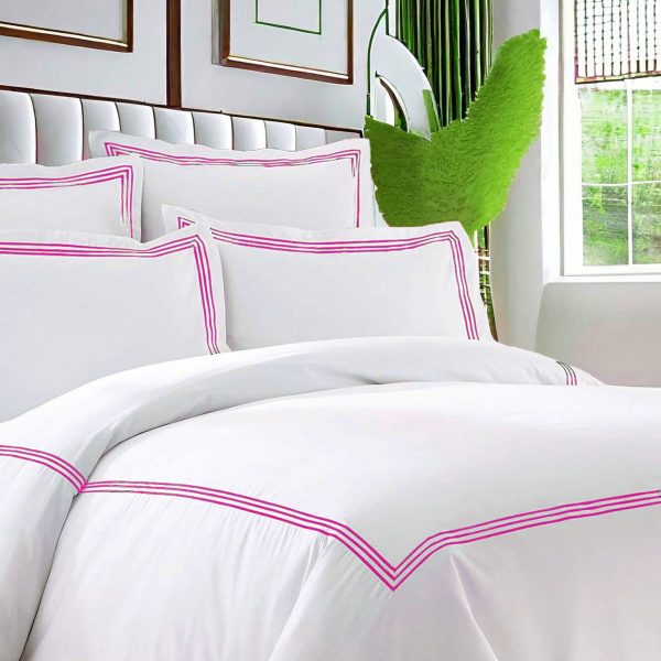 Bed Duvet Cover Set: Triple Embroidery Border 400 Thread Count White Cotton Sateen Duvet Cover Set