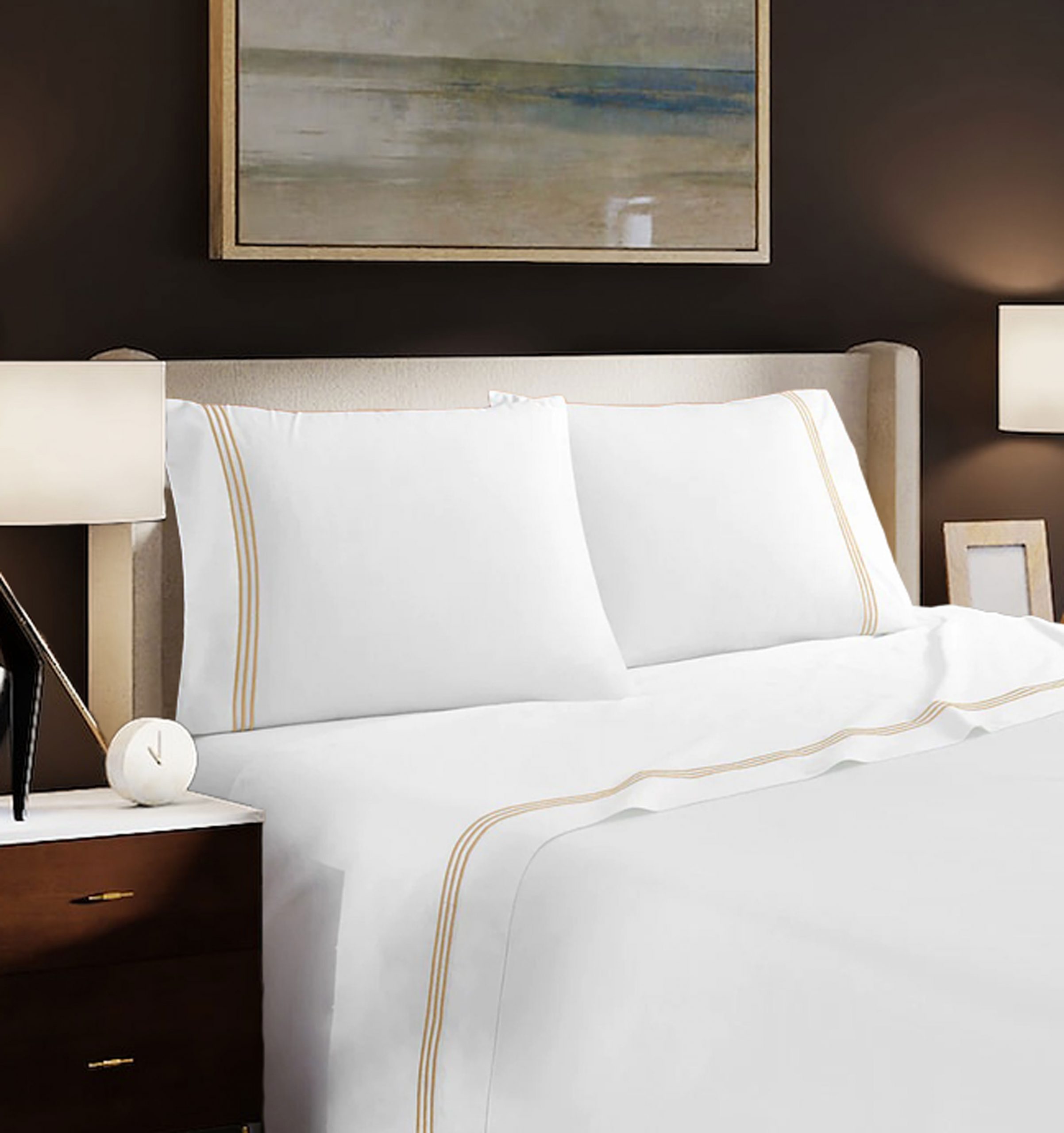 400 Thread Count White Cotton Sateen Hotel Stitch Sheet Set in Triple Embroidery Border - Image 6