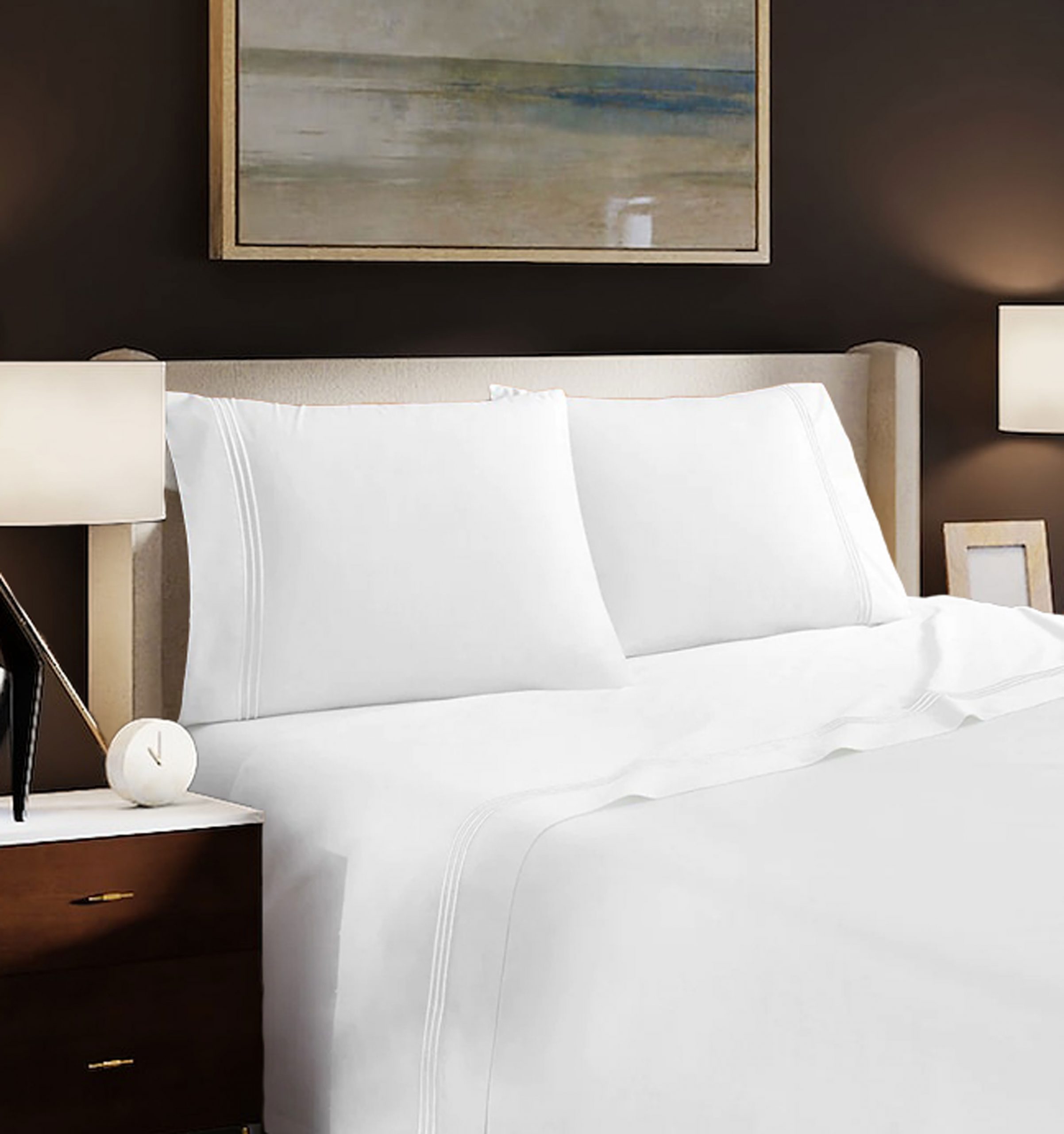 400 Thread Count White Cotton Sateen Hotel Stitch Sheet Set in Triple Embroidery Border - Image 3
